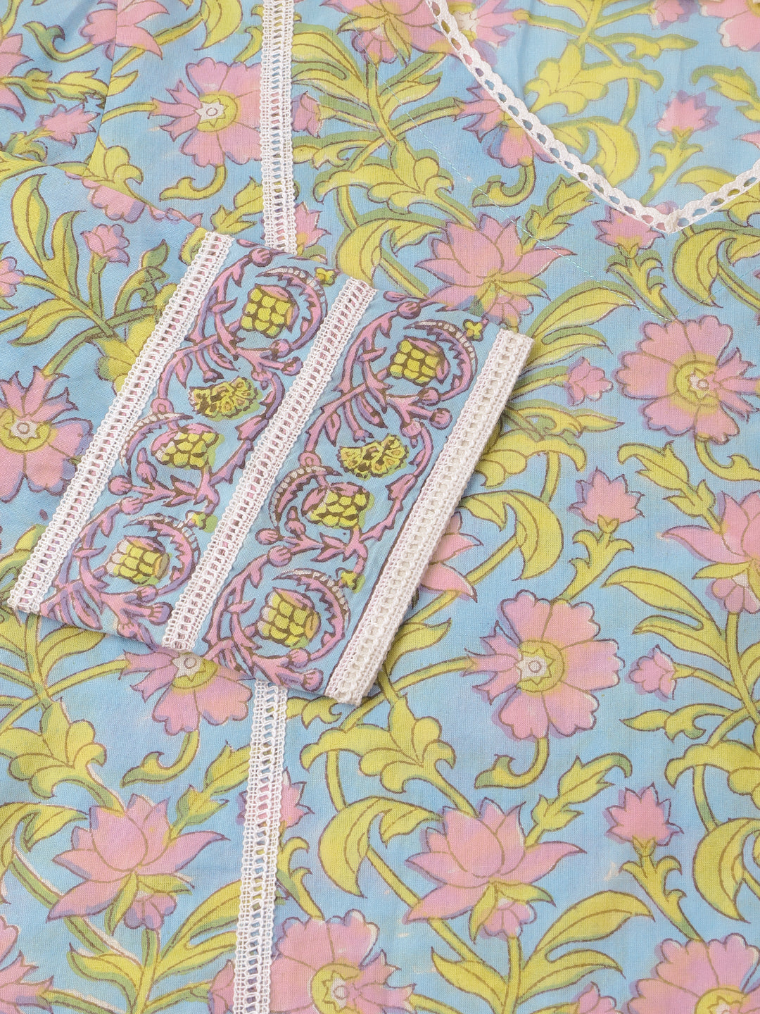 Blue Floral Print Cotton Kurta, Trouser With Dupatta | LASVINI - Redefining Indian Fashion with Elegance