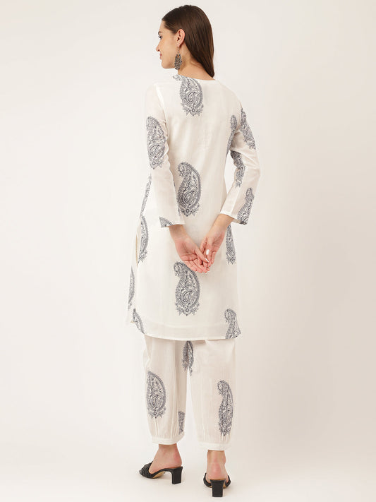 White Paisley Print Cotton Co-Ord Set | LASVINI - Redefining Indian Fashion with Elegance