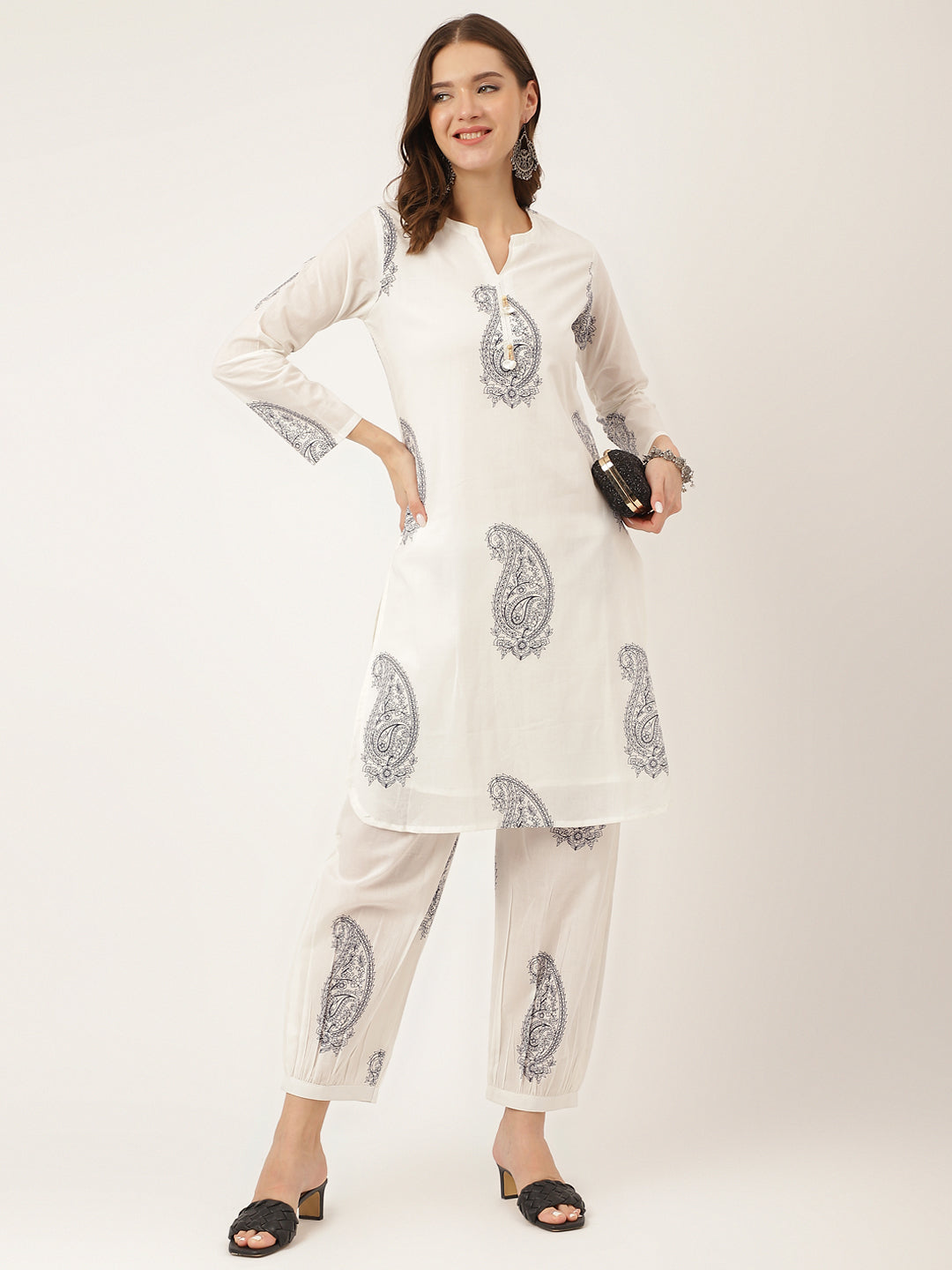 White Paisley Print Cotton Co-Ord Set | LASVINI - Redefining Indian Fashion with Elegance