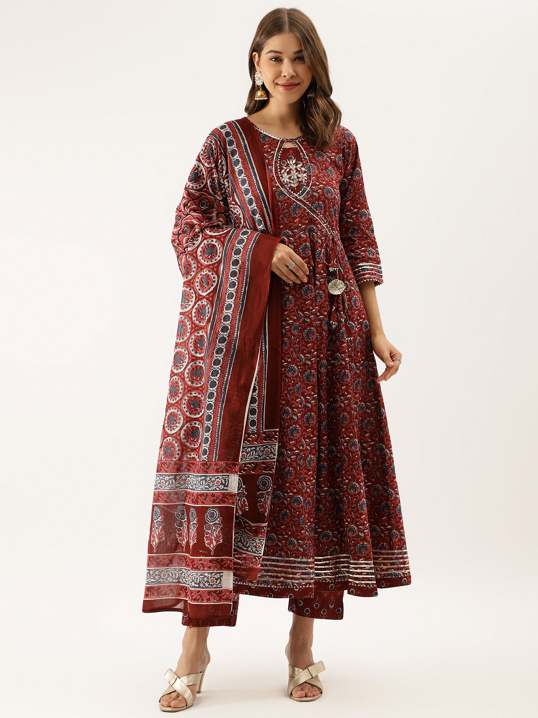 Women Maroon Floral Printed Cotton Anarkali Kurta Set With Dupatta | LASVINI - Redefining Indian Fashion with Elegance
