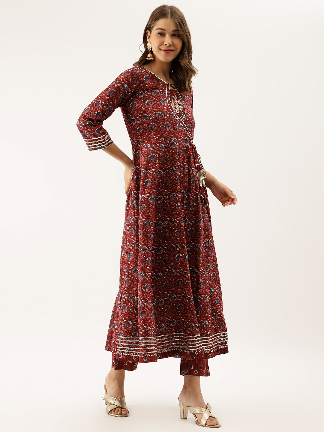 Women Maroon Floral Printed Cotton Anarkali Kurta Set With Dupatta | LASVINI - Redefining Indian Fashion with Elegance
