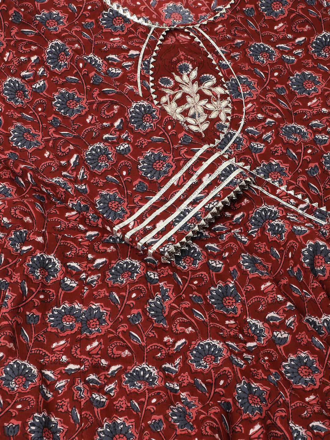 Women Maroon Floral Printed Cotton Anarkali Kurta Set With Dupatta | LASVINI - Redefining Indian Fashion with Elegance