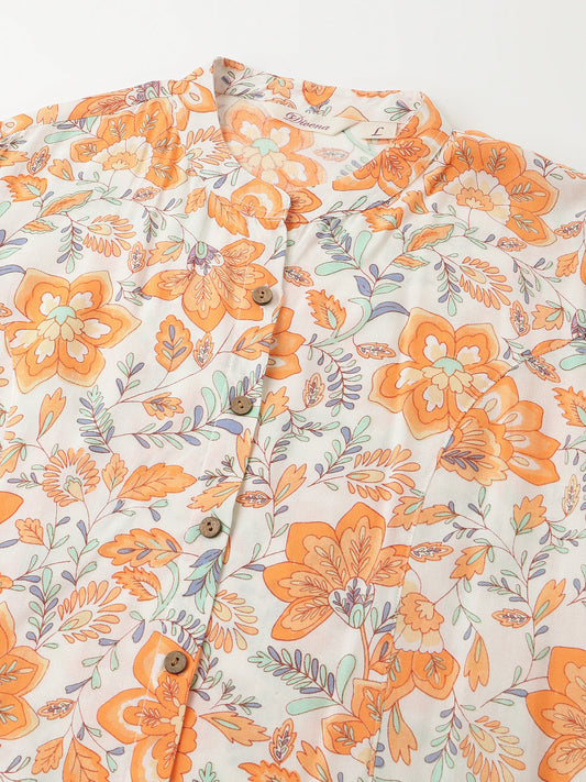 Orange Floral Print Rayon Regular Top | LASVINI - Redefining Indian Fashion with Elegance