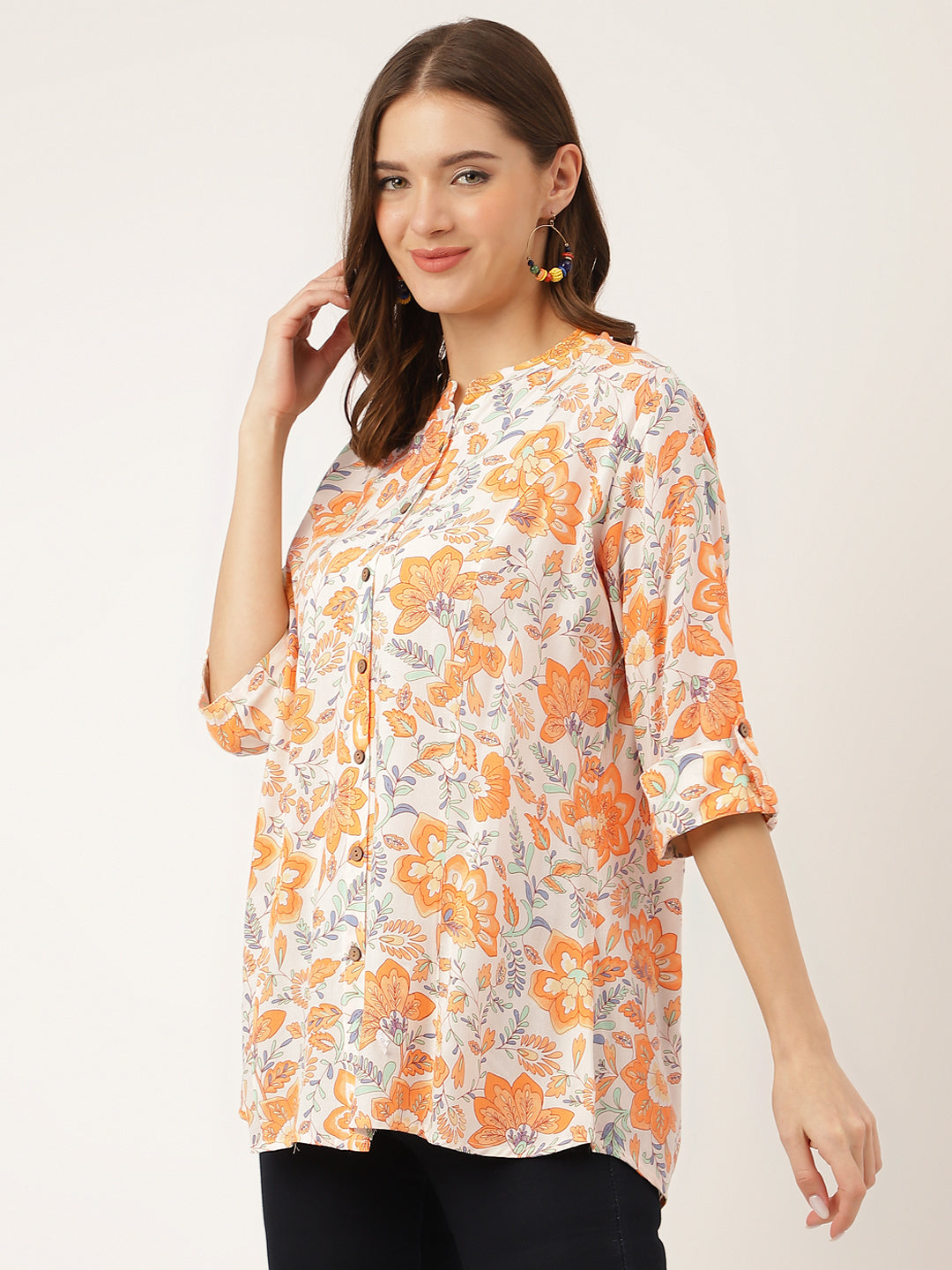 Orange Floral Print Rayon Regular Top | LASVINI - Redefining Indian Fashion with Elegance