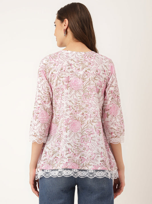 Pink Floral Print Cotton Peplum Top With Pintuck Detailing | LASVINI - Redefining Indian Fashion with Elegance