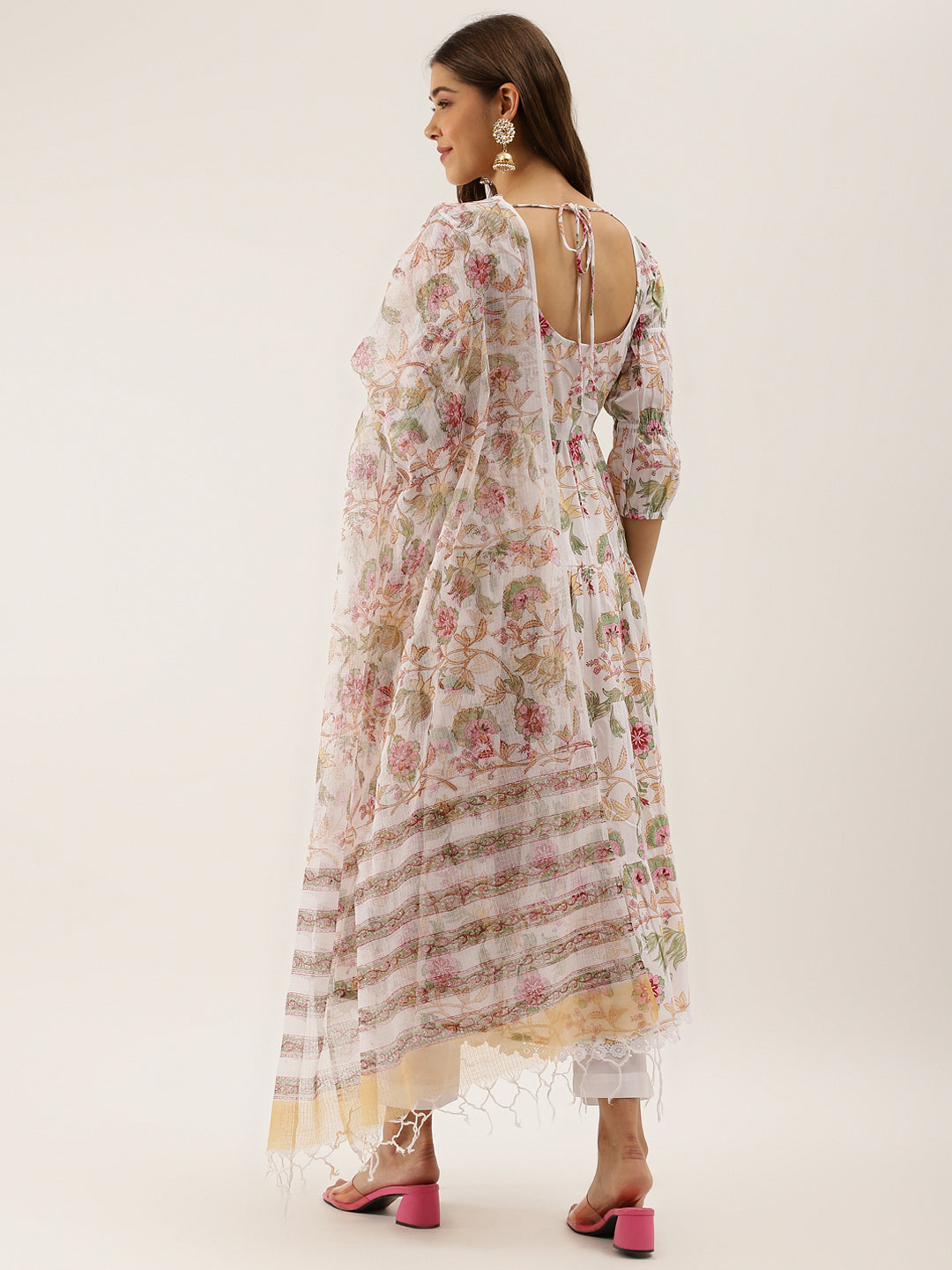 Women White Handblock Floral Printed Cotton Anarkali Kurta Set With Kota Doria Dupatta | LASVINI - Redefining Indian Fashion with Elegance