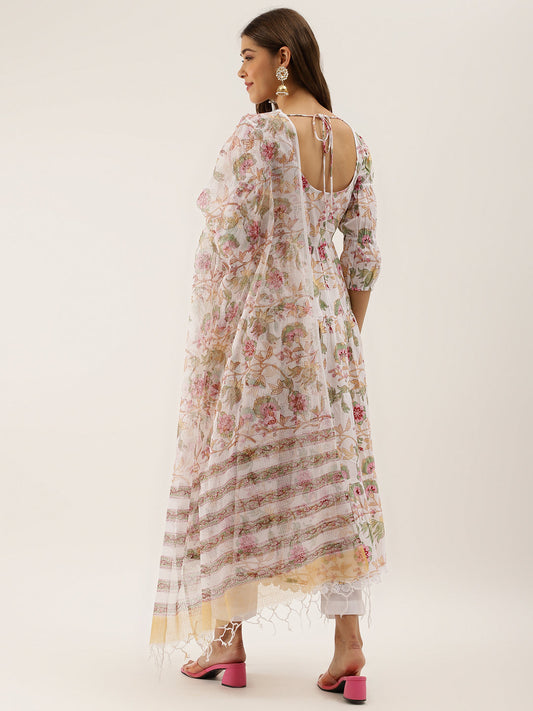 Women White Handblock Floral Printed Cotton Anarkali Kurta Set With Kota Doria Dupatta | LASVINI - Redefining Indian Fashion with Elegance