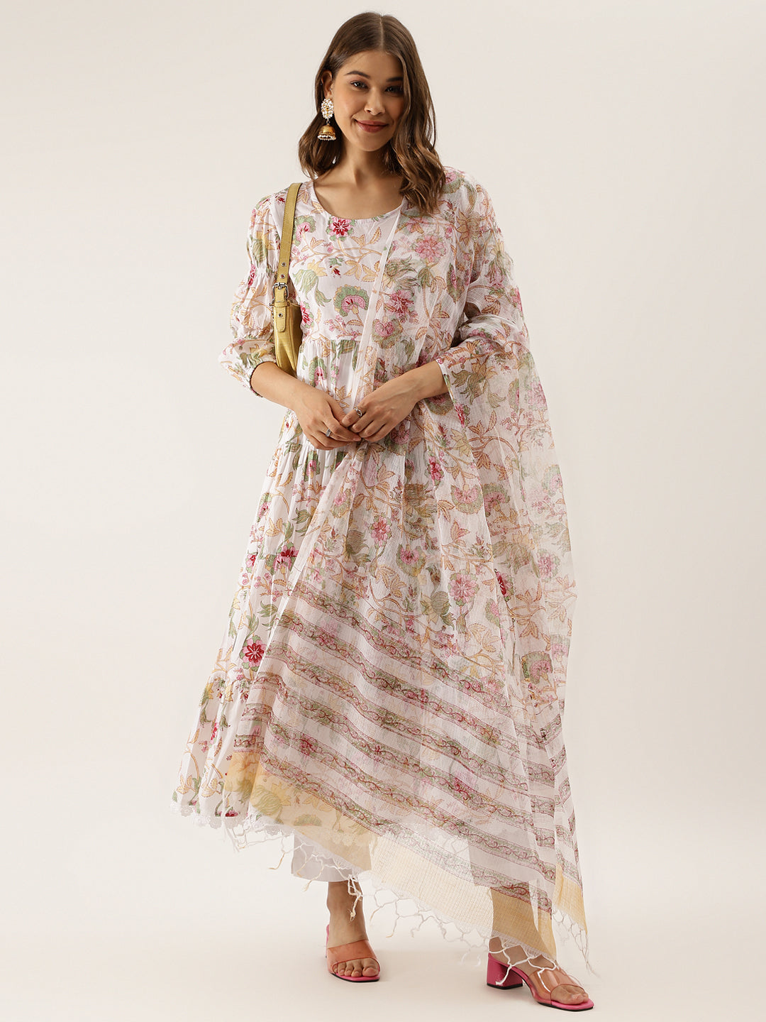 Women White Handblock Floral Printed Cotton Anarkali Kurta Set With Kota Doria Dupatta | LASVINI - Redefining Indian Fashion with Elegance