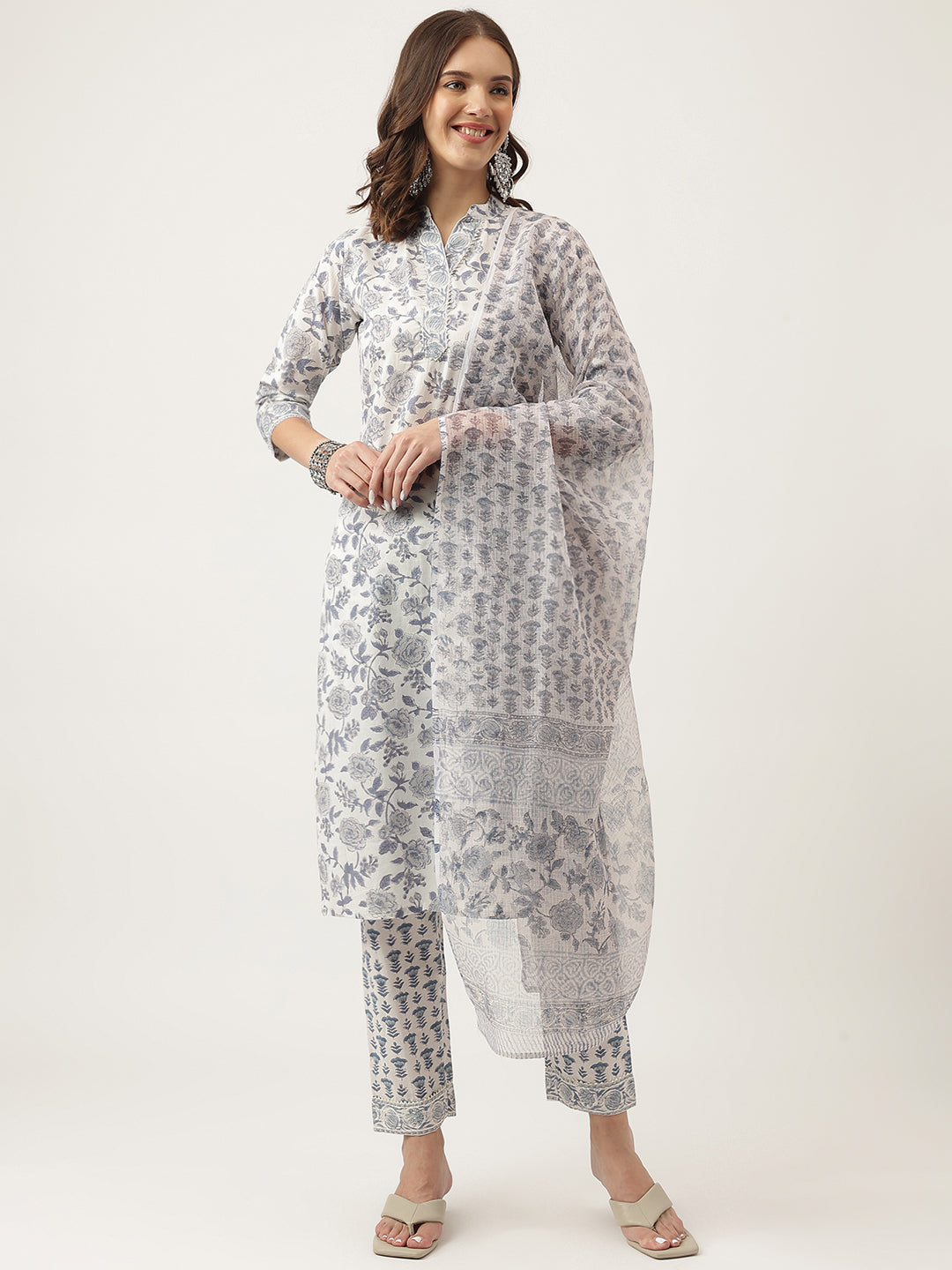 Sky Blue Floral Printed Cotton Straight Kurta, Trousers With Dupatta Set | LASVINI - Redefining Indian Fashion with Elegance
