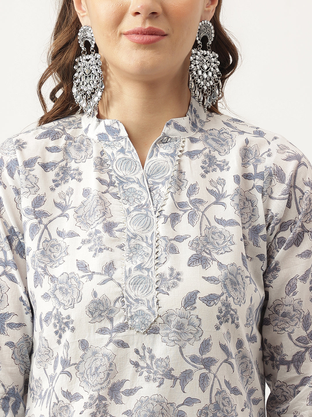 Sky Blue Floral Printed Cotton Straight Kurta, Trousers With Dupatta Set | LASVINI - Redefining Indian Fashion with Elegance