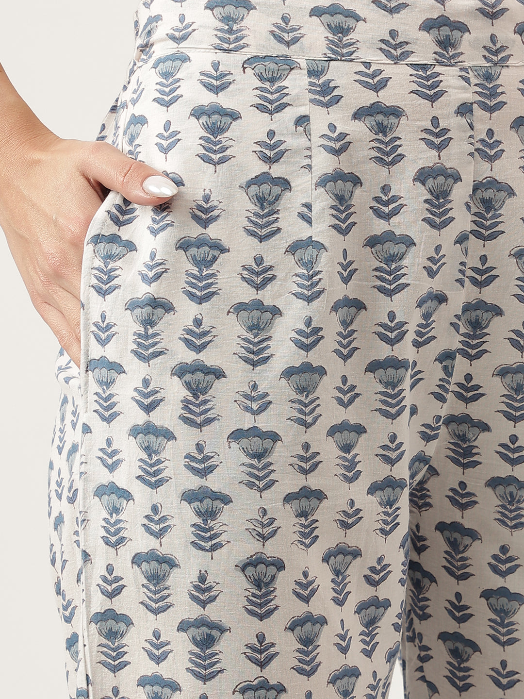 Sky Blue Floral Printed Cotton Straight Kurta, Trousers With Dupatta Set | LASVINI - Redefining Indian Fashion with Elegance