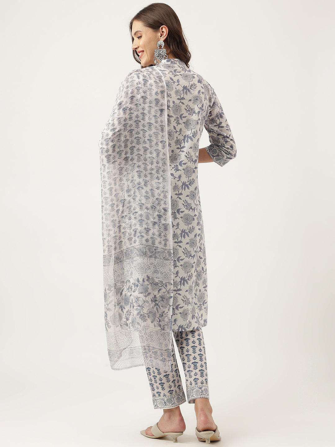 Sky Blue Floral Printed Cotton Straight Kurta, Trousers With Dupatta Set | LASVINI - Redefining Indian Fashion with Elegance