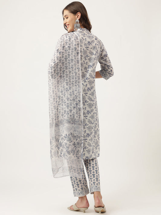 Sky Blue Floral Printed Cotton Straight Kurta, Trousers With Dupatta Set | LASVINI - Redefining Indian Fashion with Elegance