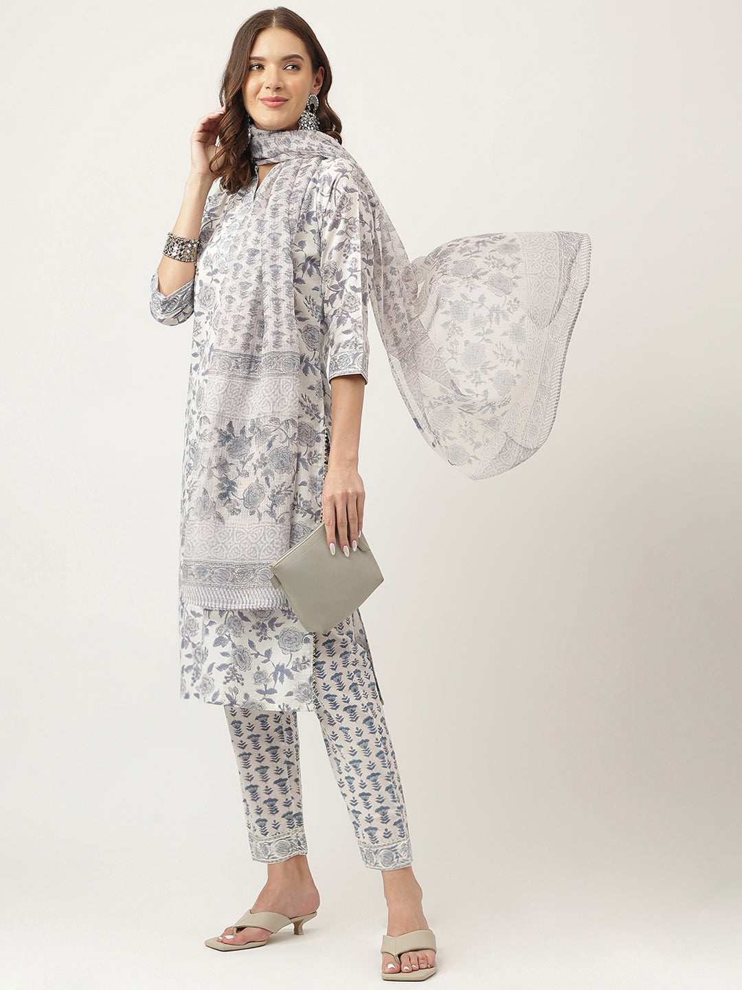 Sky Blue Floral Printed Cotton Straight Kurta, Trousers With Dupatta Set | LASVINI - Redefining Indian Fashion with Elegance