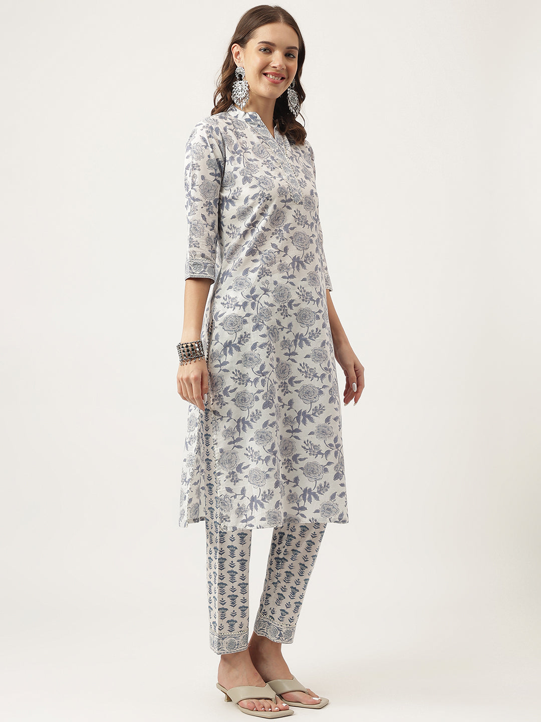 Sky Blue Floral Printed Cotton Straight Kurta, Trousers With Dupatta Set | LASVINI - Redefining Indian Fashion with Elegance