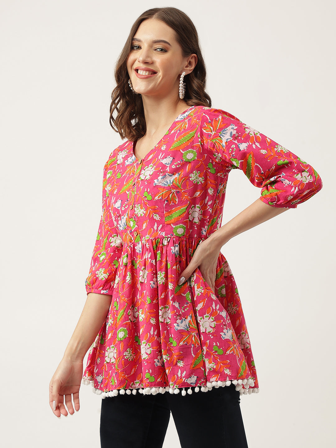 Pink Floral Printed Cotton Peplum Fit Top | LASVINI - Redefining Indian Fashion with Elegance