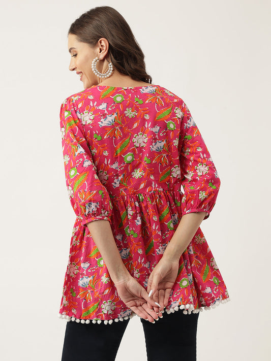 Pink Floral Printed Cotton Peplum Fit Top | LASVINI - Redefining Indian Fashion with Elegance
