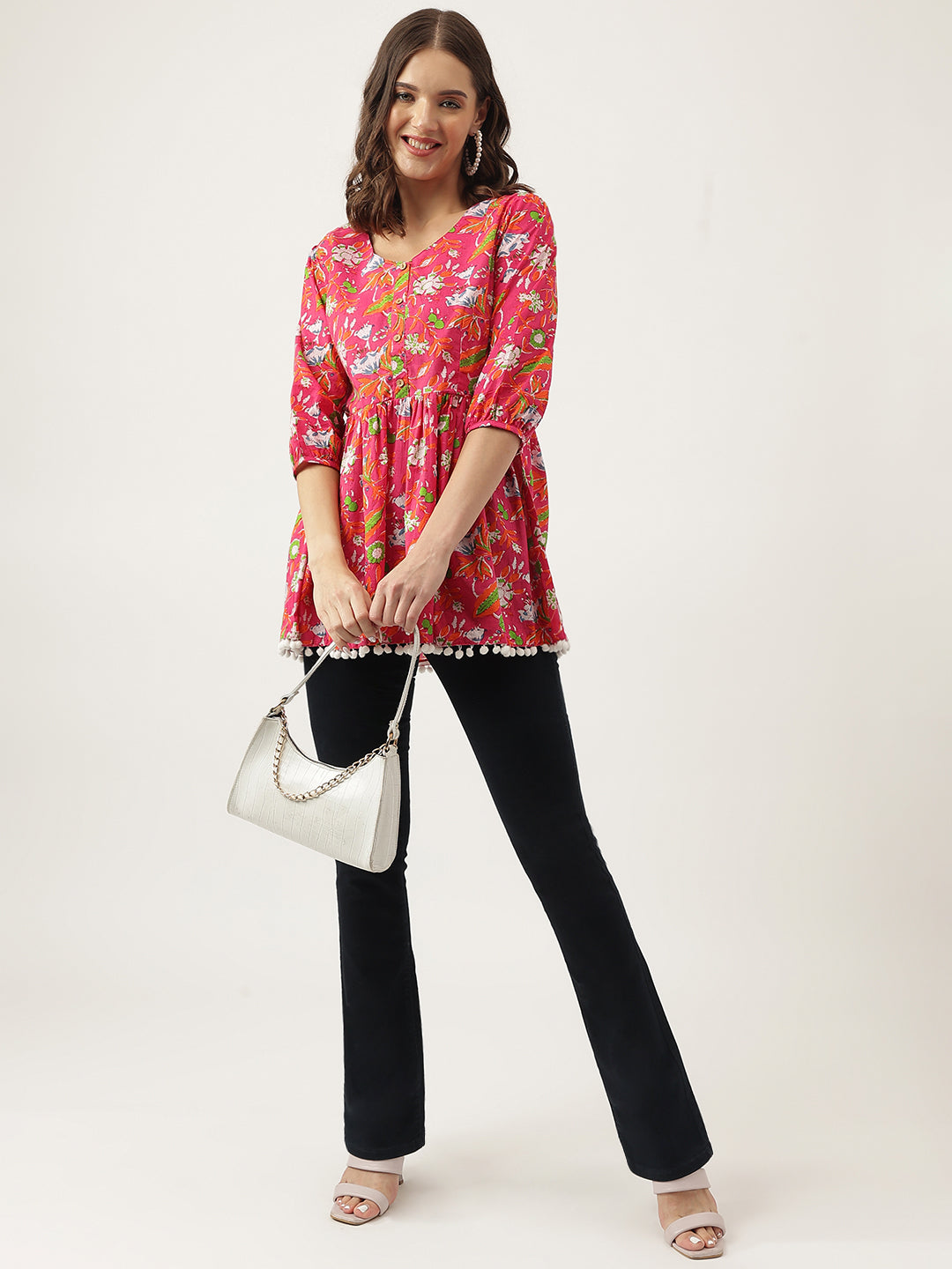 Pink Floral Printed Cotton Peplum Fit Top | LASVINI - Redefining Indian Fashion with Elegance