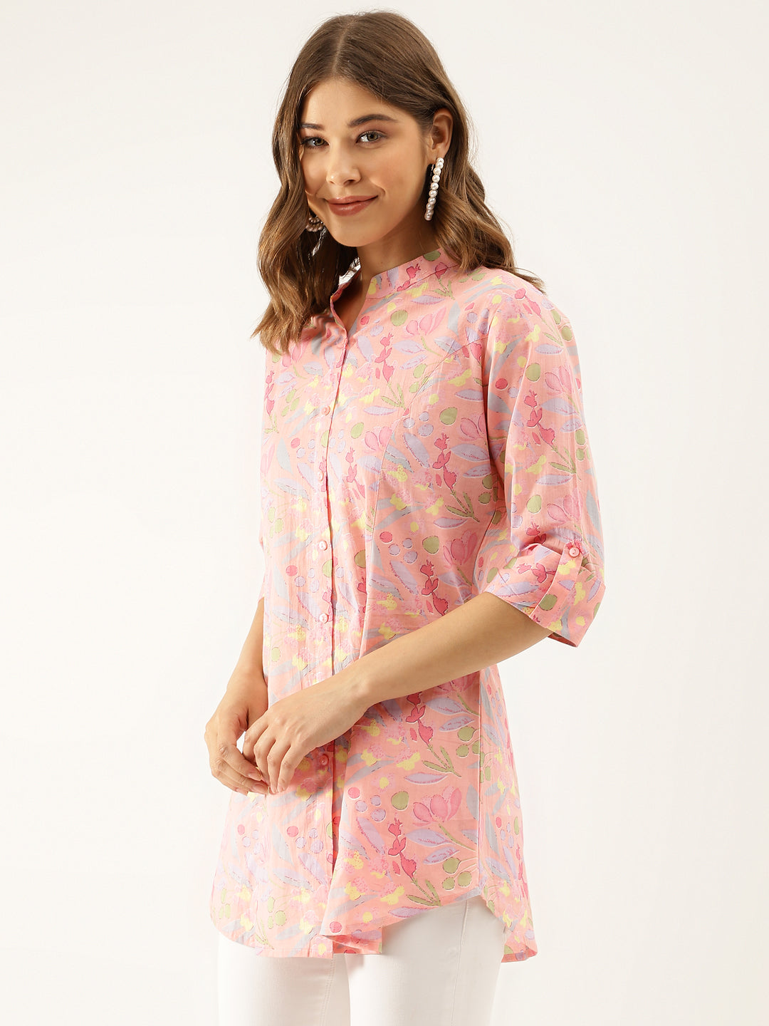 Women Pink Multi Colored Floral Print Cotton Regular Top | LASVINI - Redefining Indian Fashion with Elegance