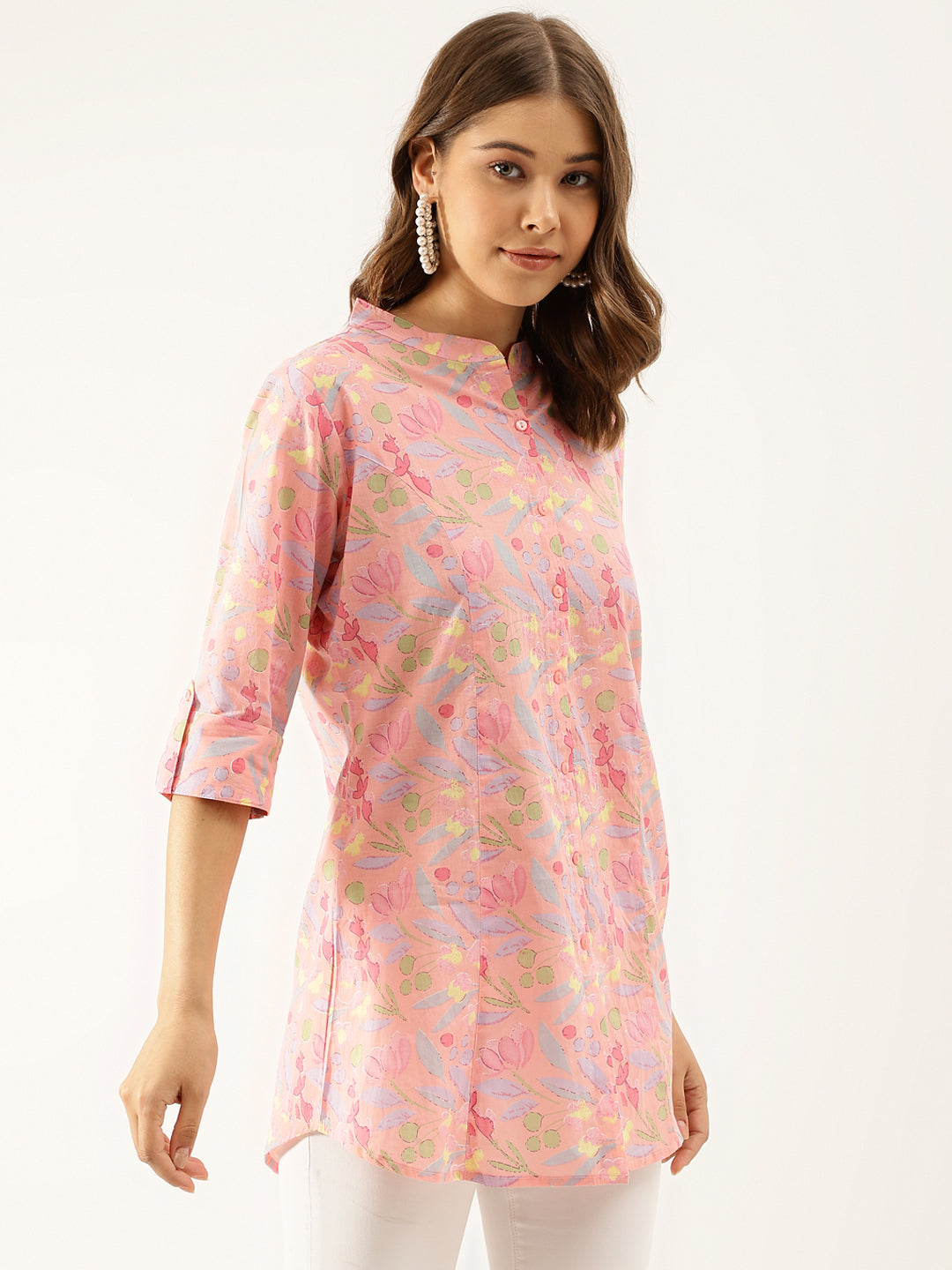 Women Pink Multi Colored Floral Print Cotton Regular Top | LASVINI - Redefining Indian Fashion with Elegance