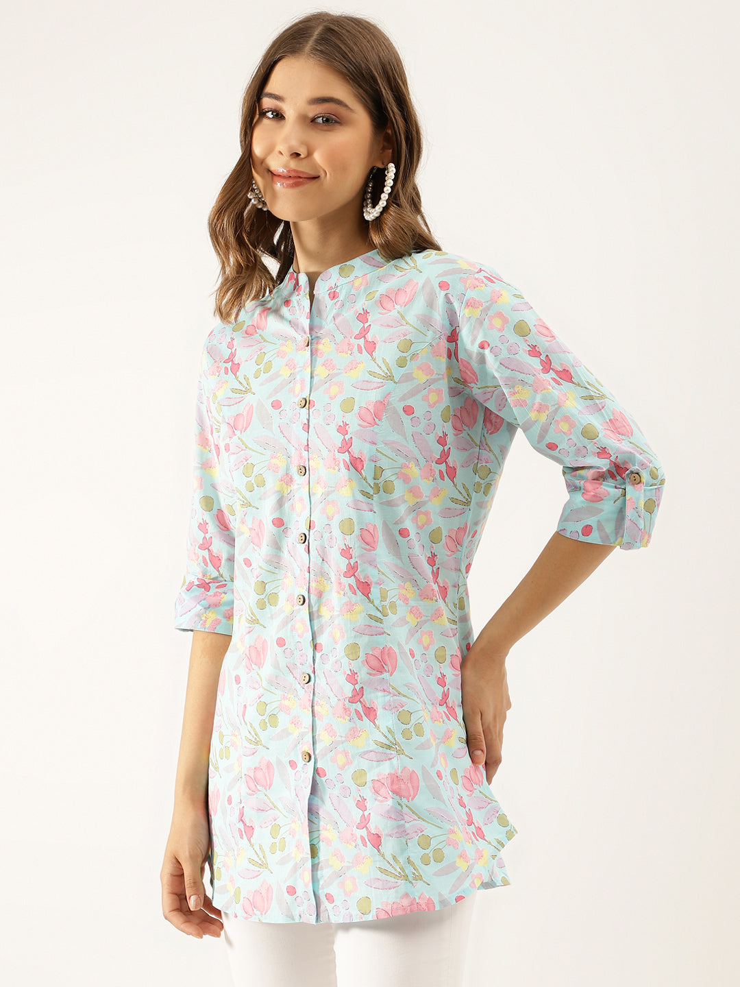 Women Sky Blue Printed Cotton Regular Fit Top | LASVINI - Redefining Indian Fashion with Elegance
