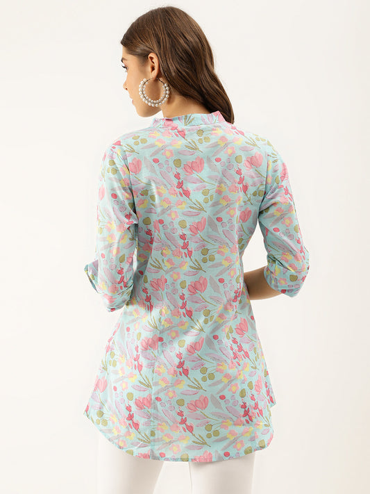 Women Sky Blue Printed Cotton Regular Fit Top | LASVINI - Redefining Indian Fashion with Elegance