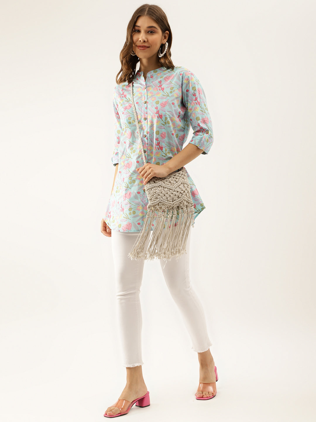 Women Sky Blue Printed Cotton Regular Fit Top | LASVINI - Redefining Indian Fashion with Elegance