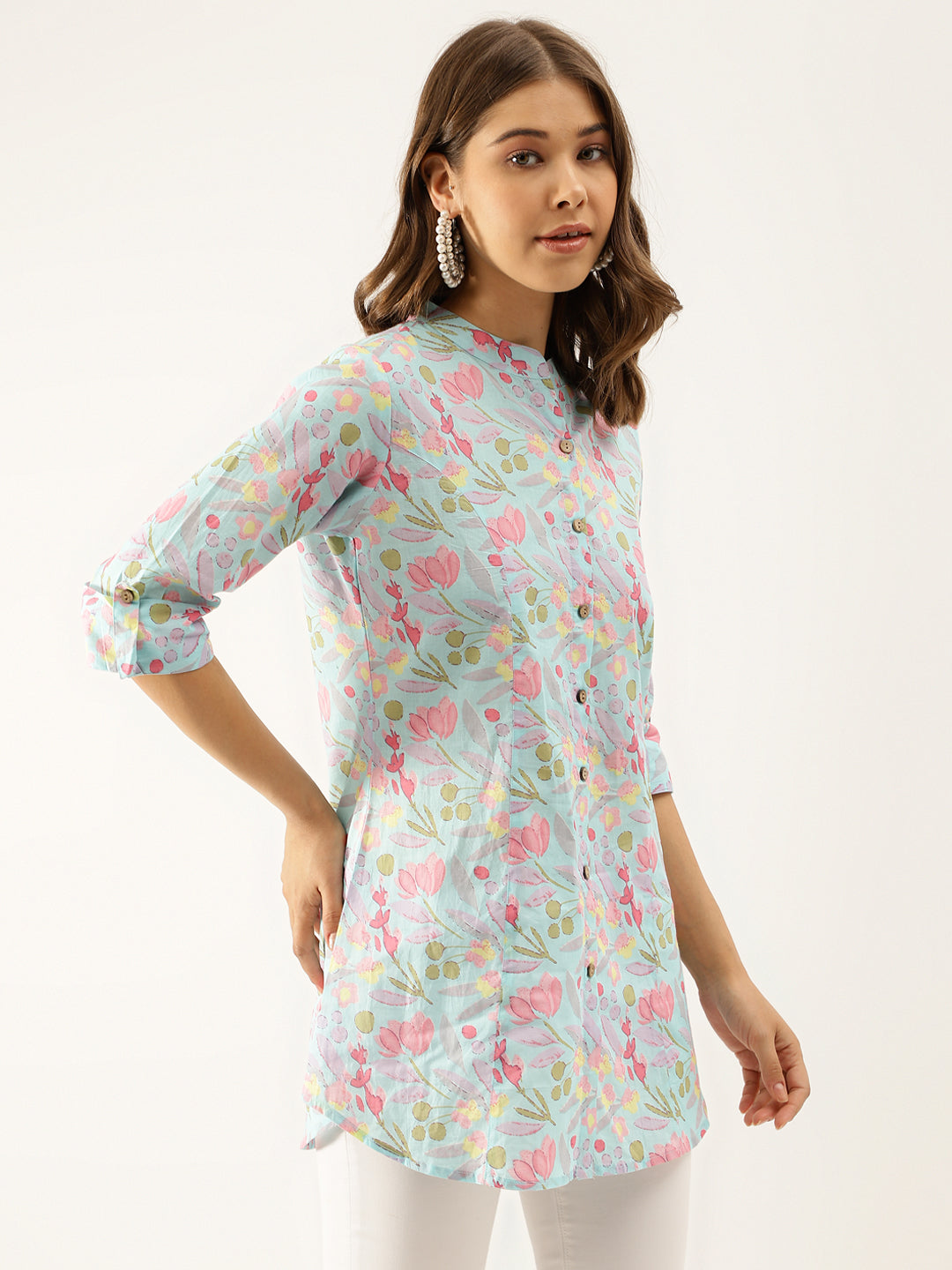 Women Sky Blue Printed Cotton Regular Fit Top | LASVINI - Redefining Indian Fashion with Elegance