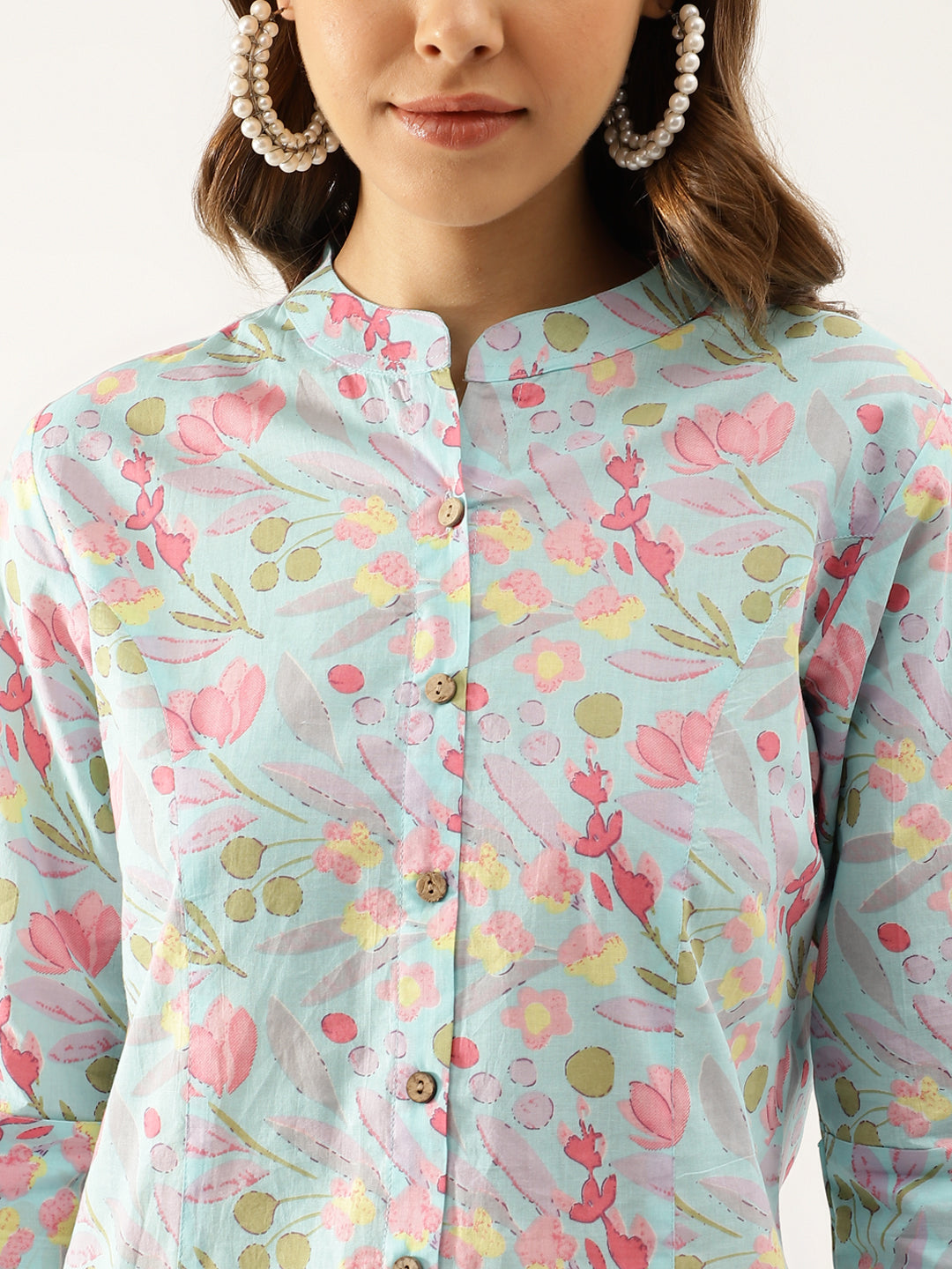 Women Sky Blue Printed Cotton Regular Fit Top | LASVINI - Redefining Indian Fashion with Elegance