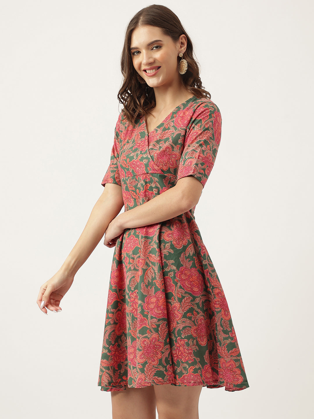 Grey Pink Floral Printed Cotton Fit & Flare Dress | LASVINI - Redefining Indian Fashion with Elegance