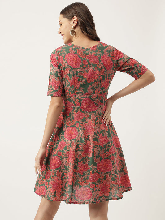 Grey Pink Floral Printed Cotton Fit & Flare Dress | LASVINI - Redefining Indian Fashion with Elegance