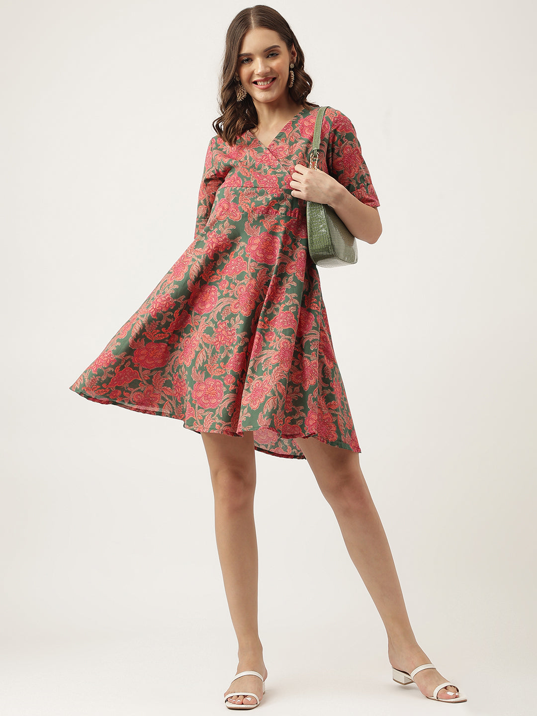 Grey Pink Floral Printed Cotton Fit & Flare Dress | LASVINI - Redefining Indian Fashion with Elegance
