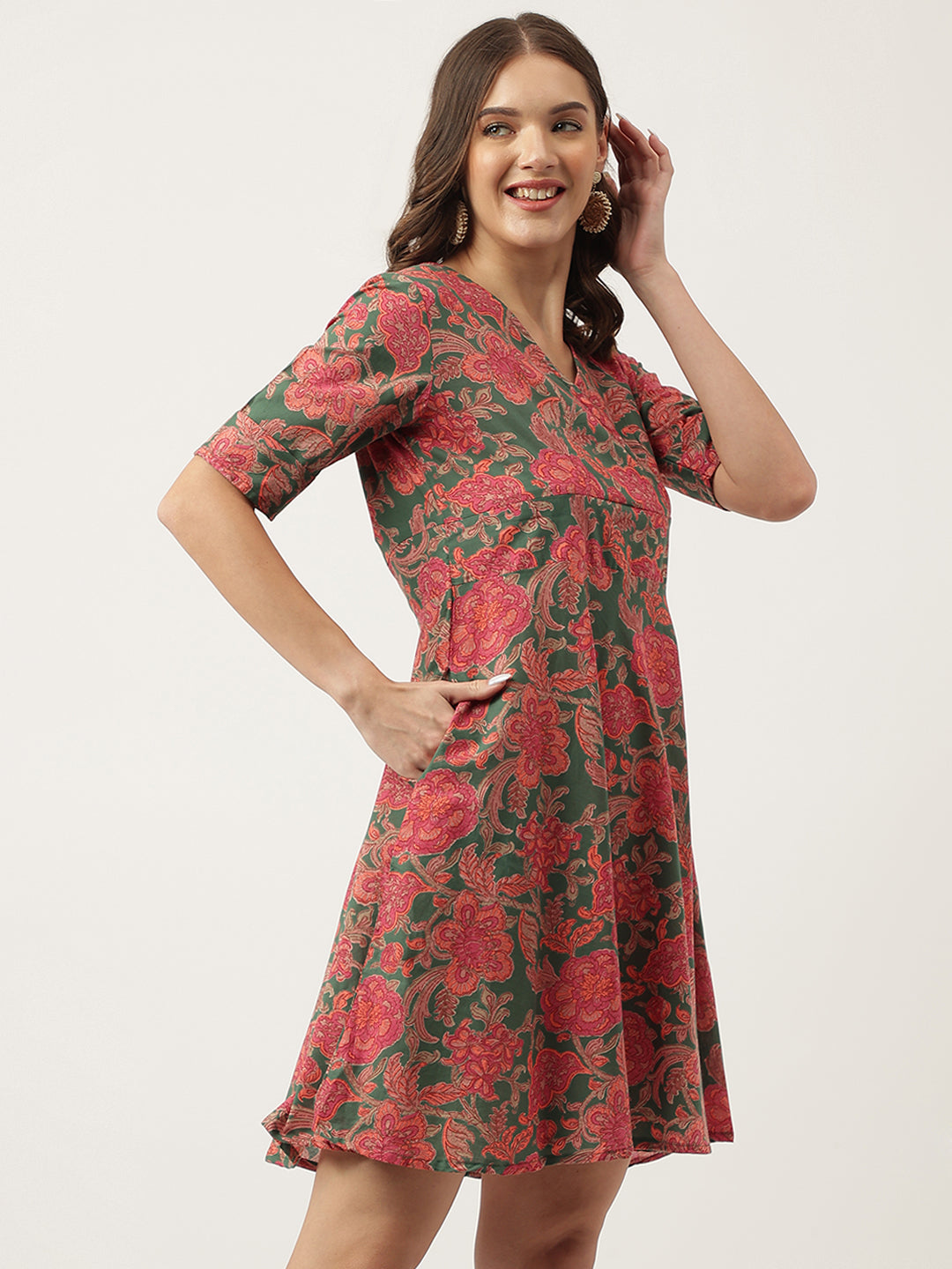 Grey Pink Floral Printed Cotton Fit & Flare Dress | LASVINI - Redefining Indian Fashion with Elegance