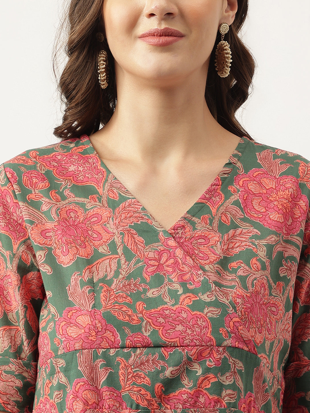 Grey Pink Floral Printed Cotton Fit & Flare Dress | LASVINI - Redefining Indian Fashion with Elegance