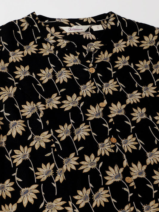Black Floral Printed Rayon Shirt Type Top For Women | LASVINI - Redefining Indian Fashion with Elegance