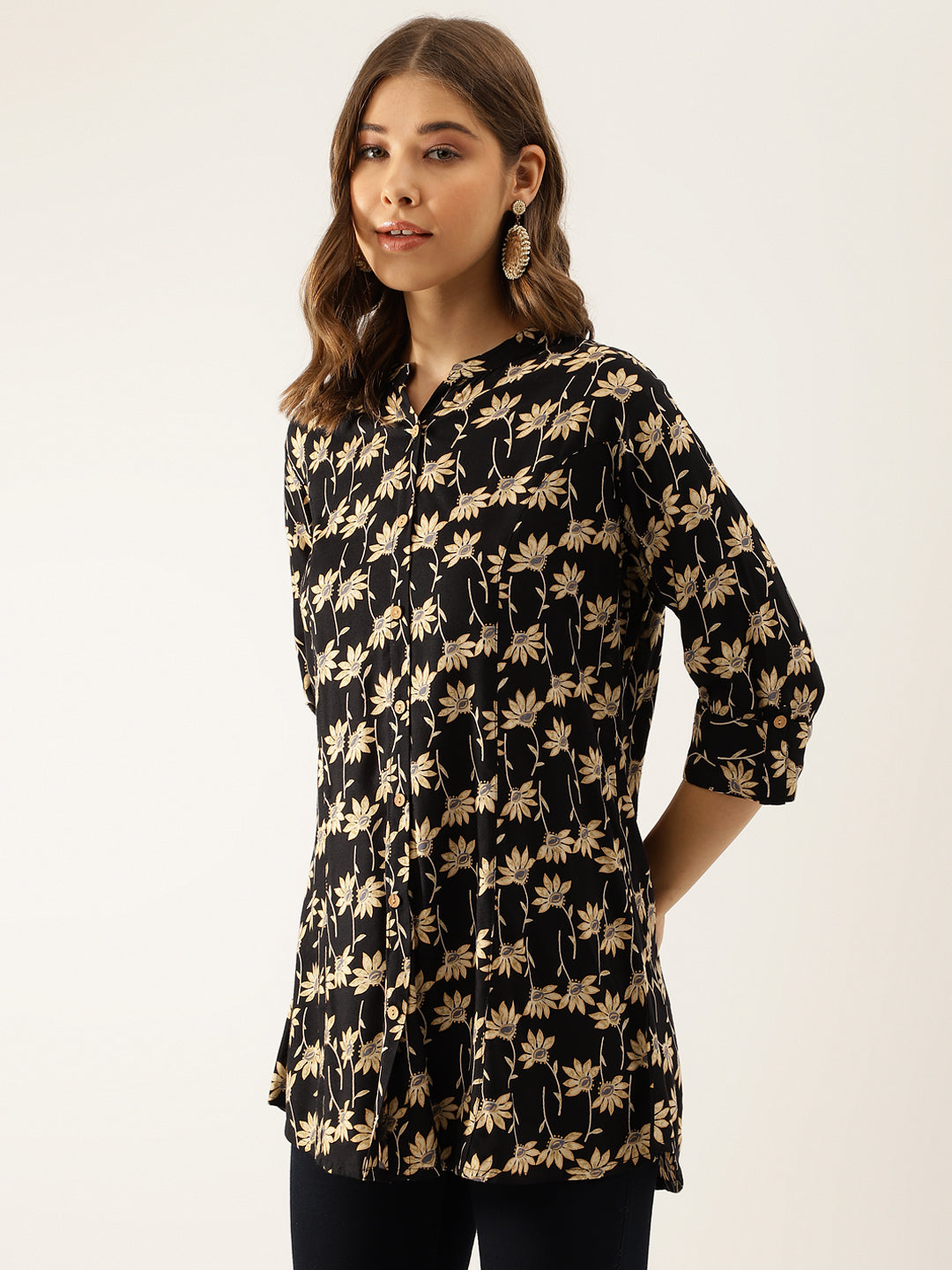 Black Floral Printed Rayon Shirt Type Top For Women | LASVINI - Redefining Indian Fashion with Elegance