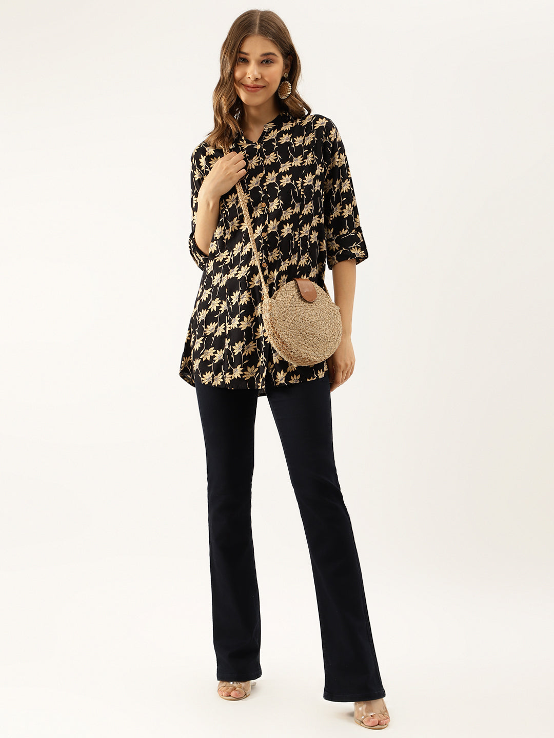 Black Floral Printed Rayon Shirt Type Top For Women | LASVINI - Redefining Indian Fashion with Elegance