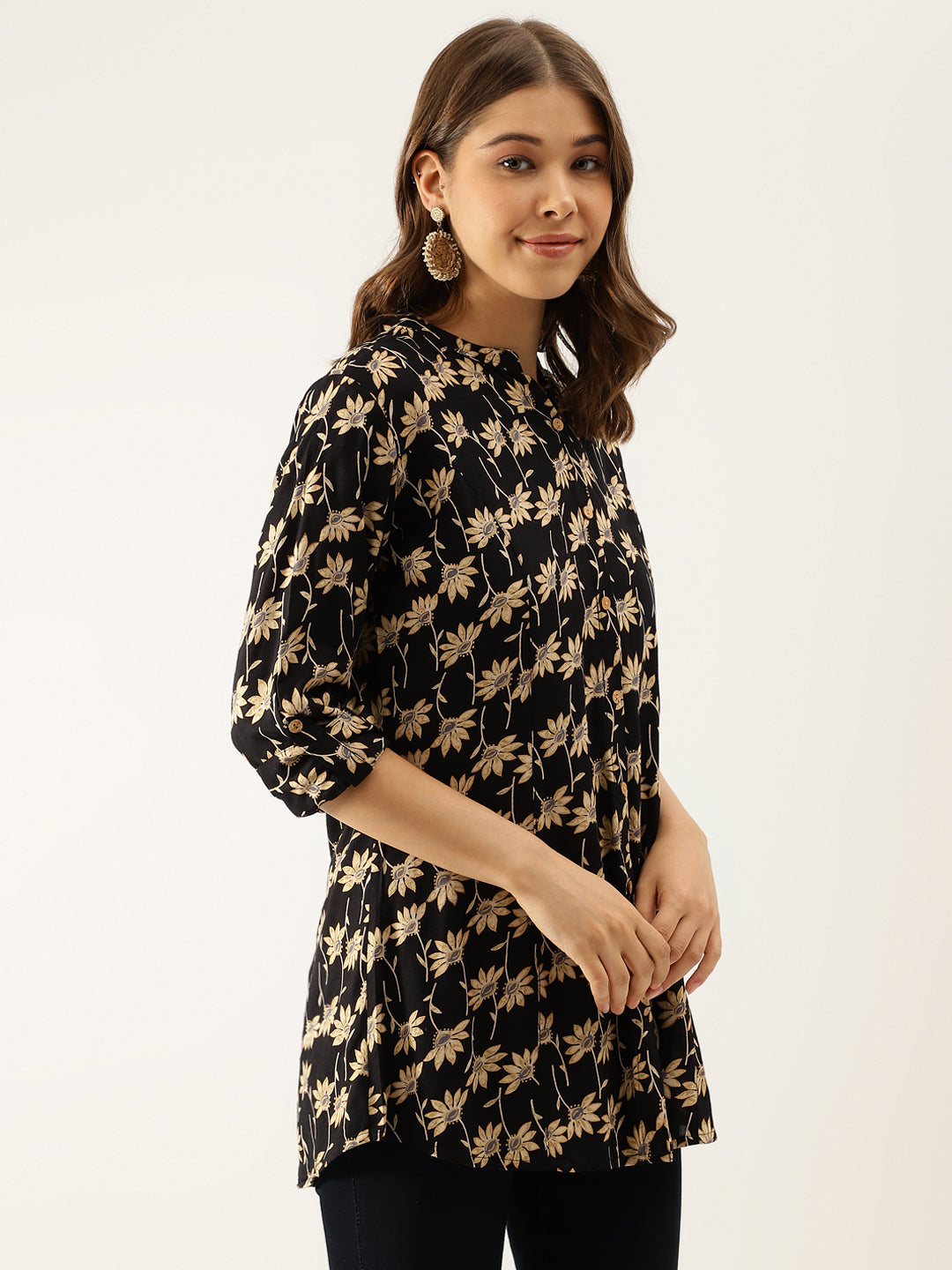 Black Floral Printed Rayon Shirt Type Top For Women | LASVINI - Redefining Indian Fashion with Elegance