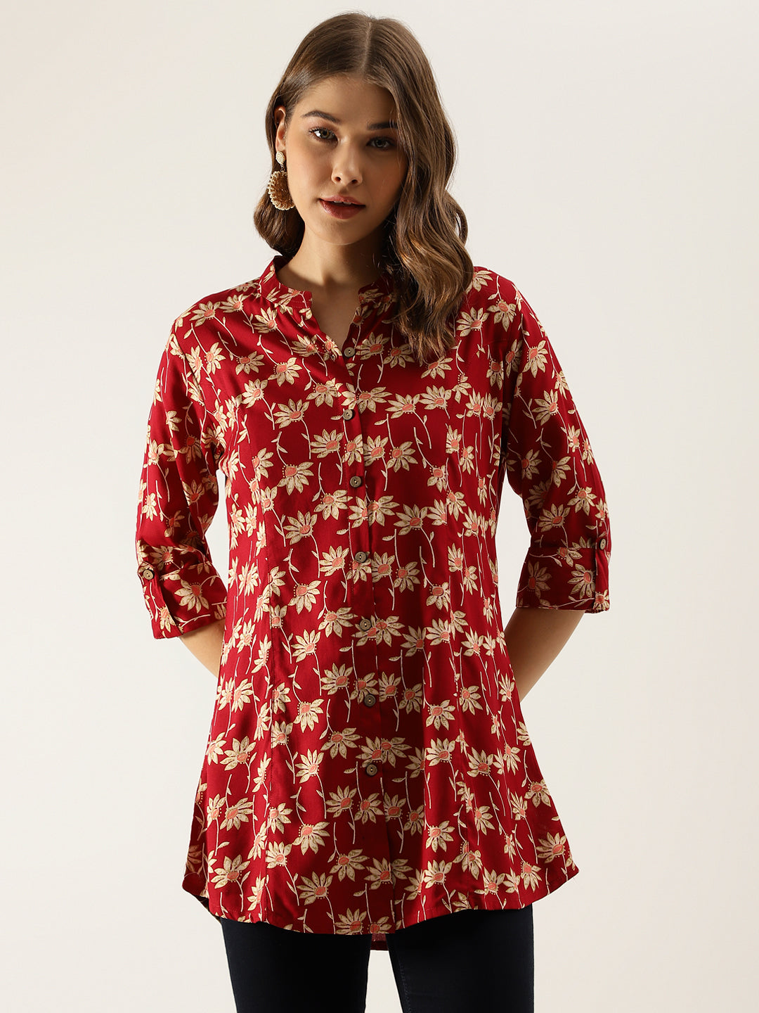 Maroon Floral Printed Rayon Shirt Type Top For Women | LASVINI - Redefining Indian Fashion with Elegance