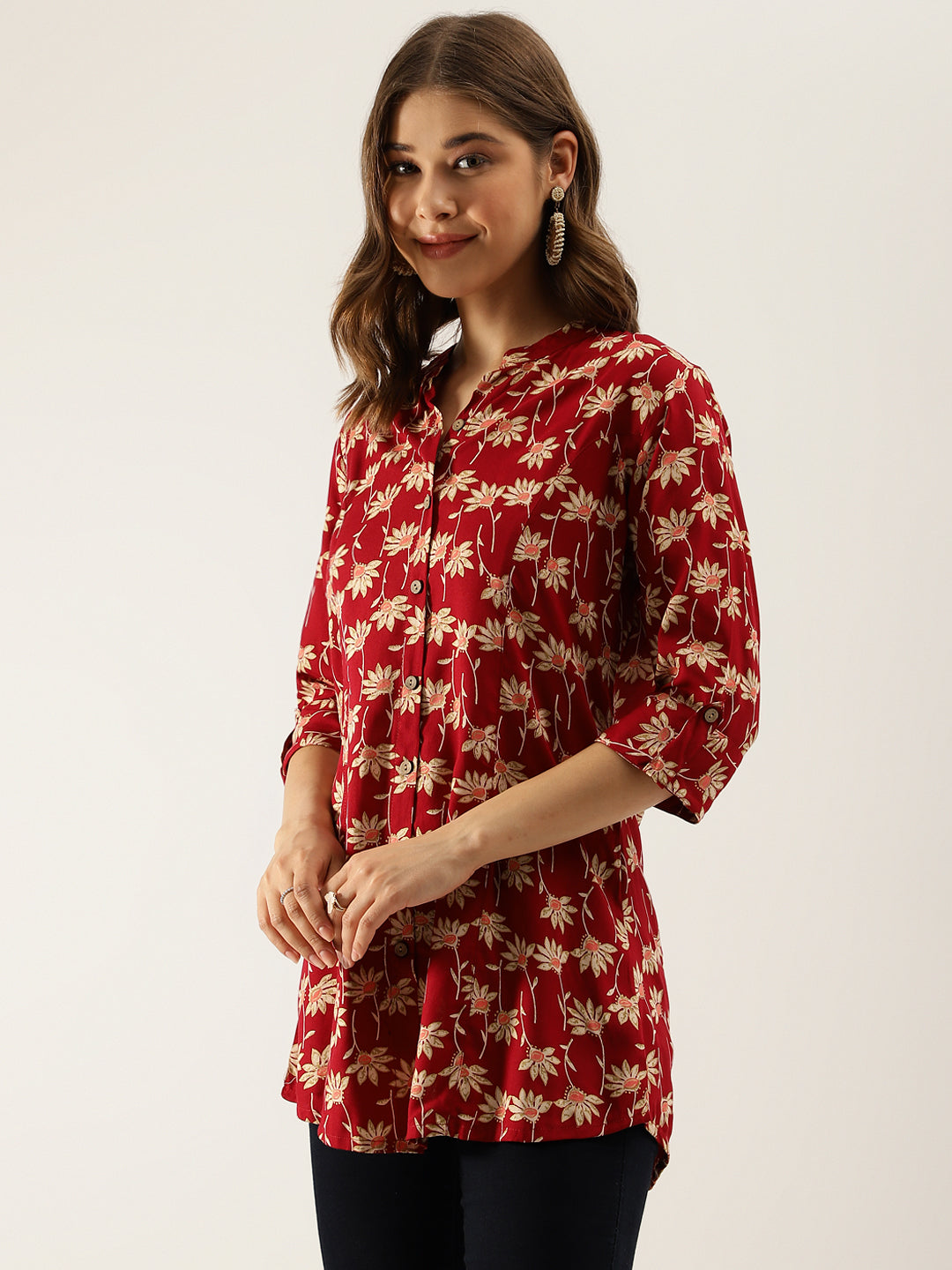 Maroon Floral Printed Rayon Shirt Type Top For Women | LASVINI - Redefining Indian Fashion with Elegance