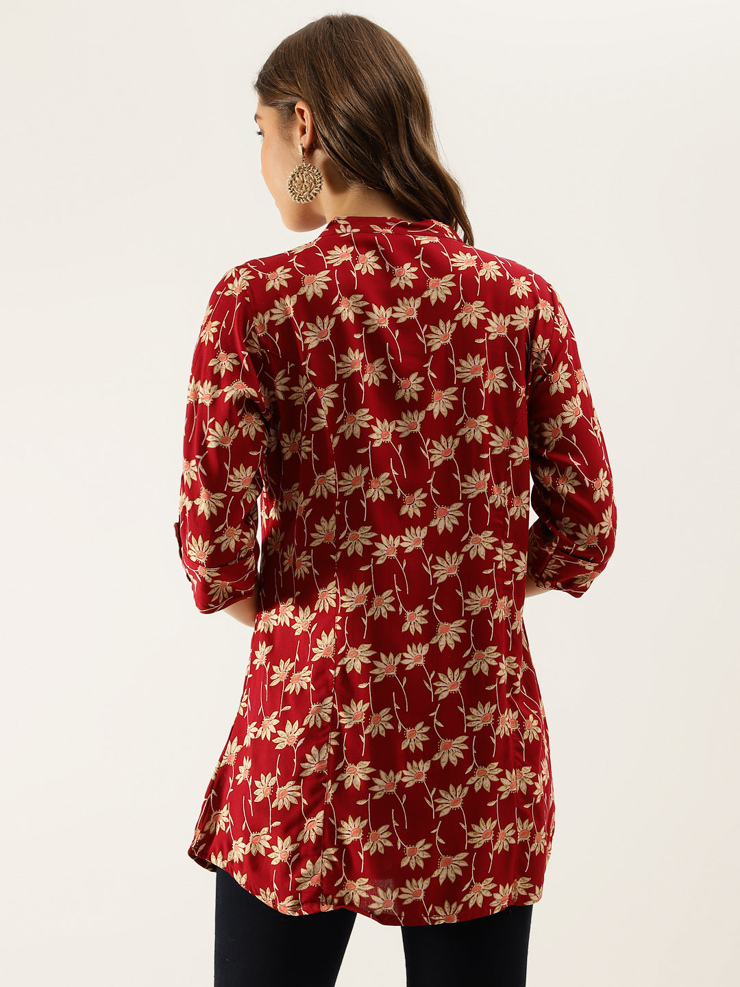 Maroon Floral Printed Rayon Shirt Type Top For Women | LASVINI - Redefining Indian Fashion with Elegance