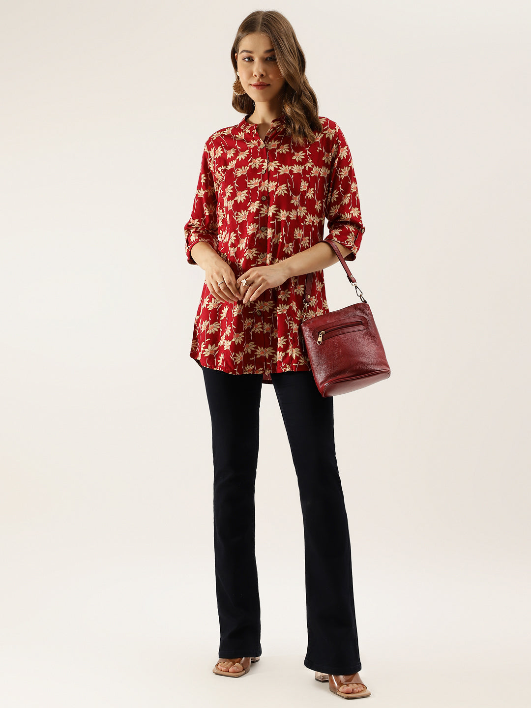 Maroon Floral Printed Rayon Shirt Type Top For Women | LASVINI - Redefining Indian Fashion with Elegance