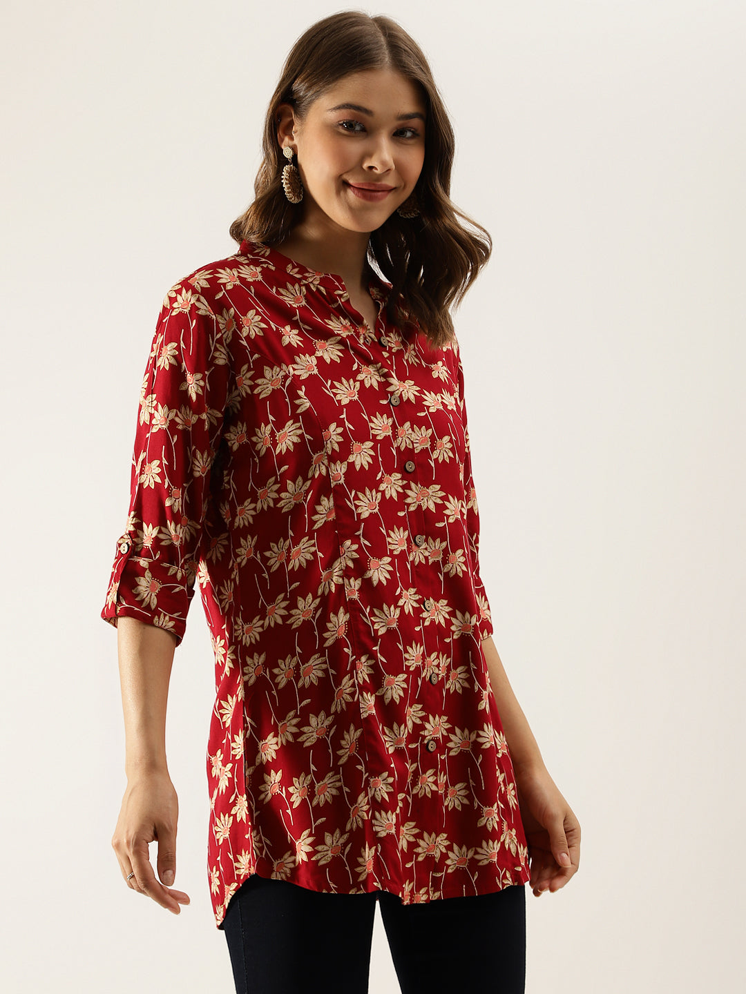 Maroon Floral Printed Rayon Shirt Type Top For Women | LASVINI - Redefining Indian Fashion with Elegance