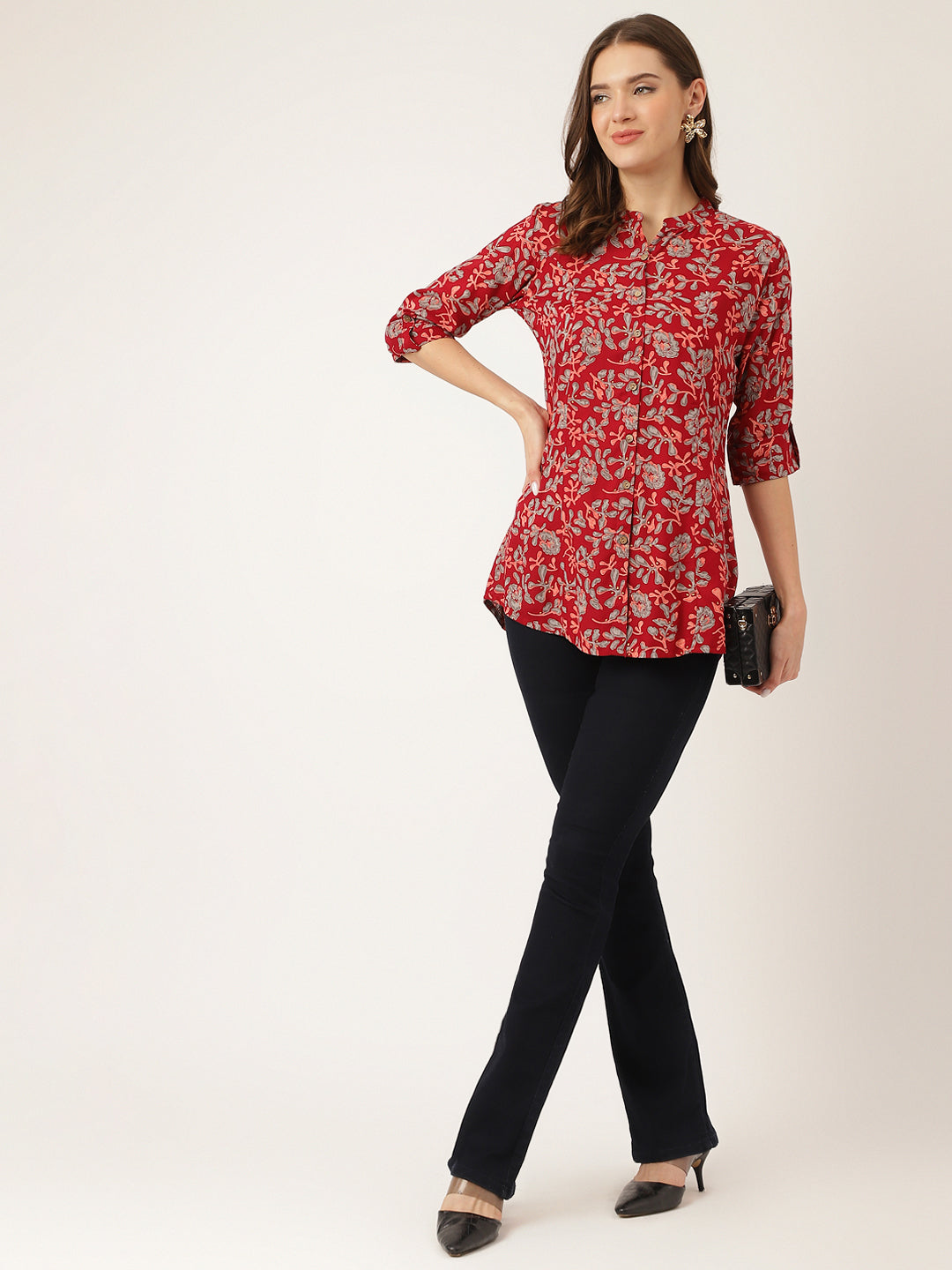 Maroon Floral Print Rayon Regular Top | LASVINI - Redefining Indian Fashion with Elegance