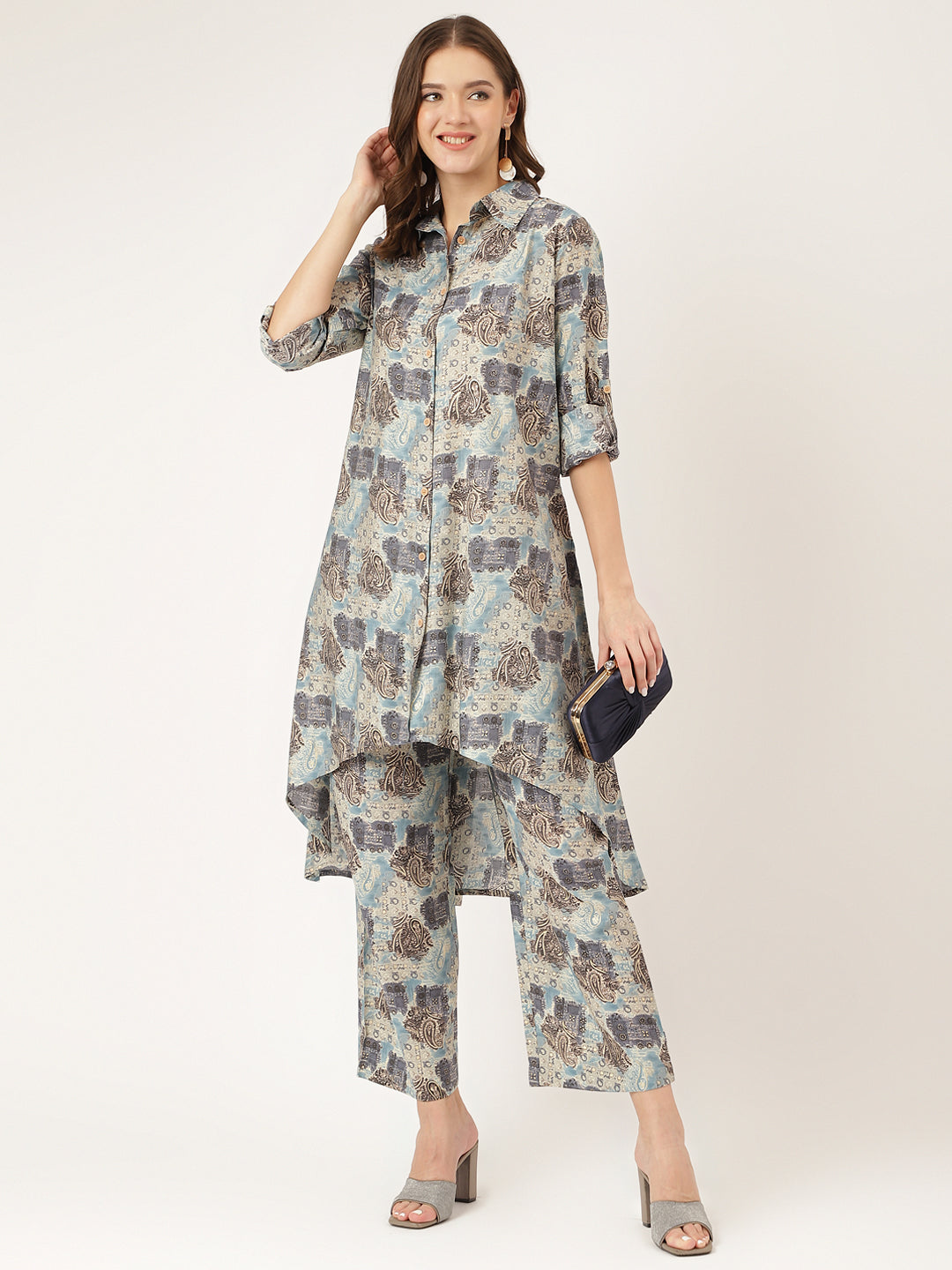 Blue Foil Printed Chanderi Co-Ord Set | LASVINI - Redefining Indian Fashion with Elegance