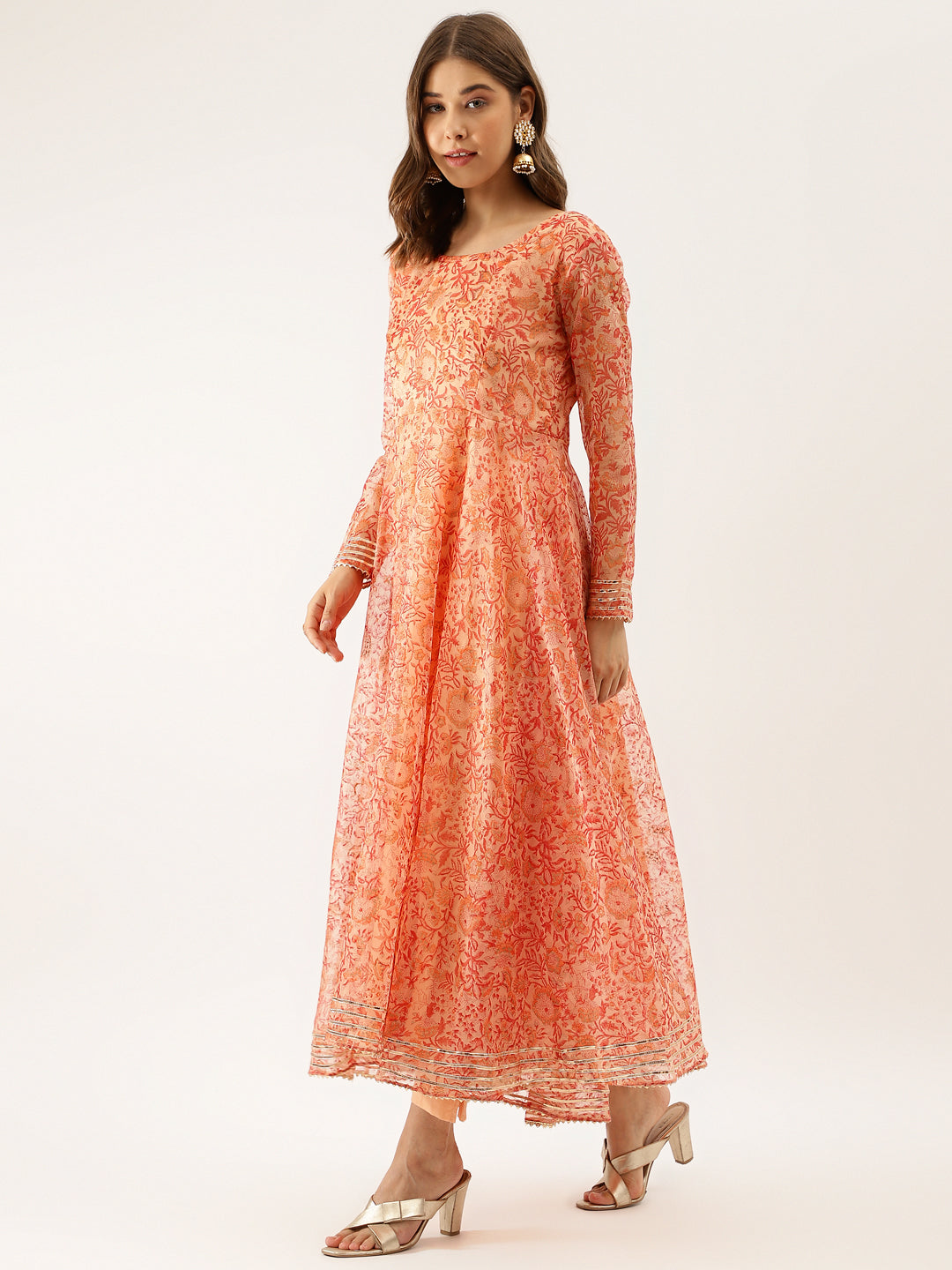 Women Orange Floral Print Organza Anarkali Kurta Set With Dupatta | LASVINI - Redefining Indian Fashion with Elegance