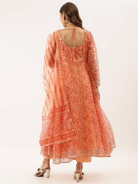 Women Orange Floral Print Organza Anarkali Kurta Set With Dupatta | LASVINI - Redefining Indian Fashion with Elegance