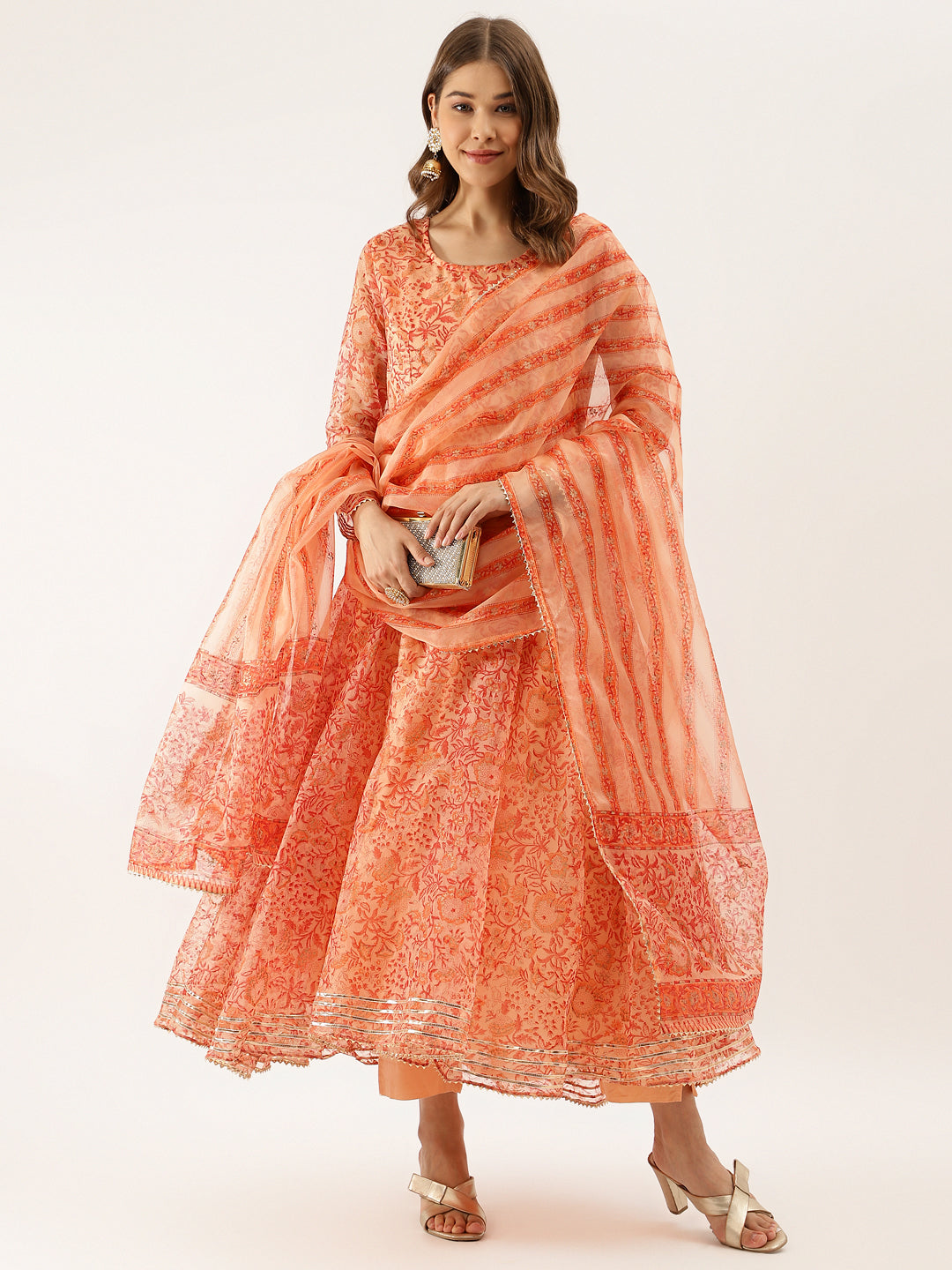Women Orange Floral Print Organza Anarkali Kurta Set With Dupatta | LASVINI - Redefining Indian Fashion with Elegance
