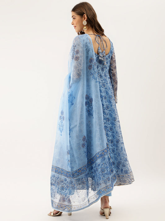 Women Sky Blue Floral Printed Organza Anarkali Kurta Dupatta Set With Cotton Lining | LASVINI - Redefining Indian Fashion with Elegance