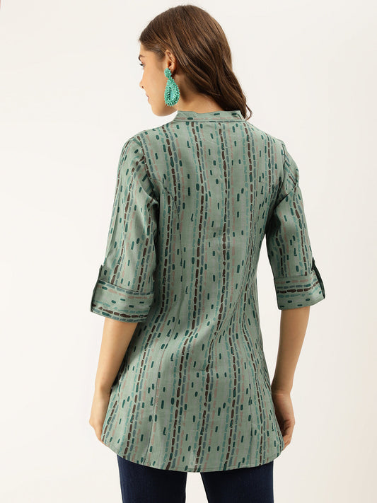 Women Green Printed Modal Chanderi Regular Fit Top | LASVINI - Redefining Indian Fashion with Elegance